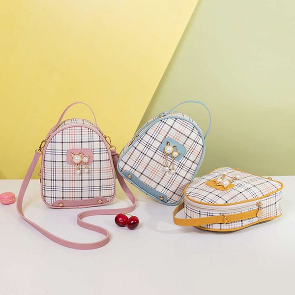 

korean scottish lattice backpack autumn and winter 2021 new cathead pearl decoration mobile phone bag