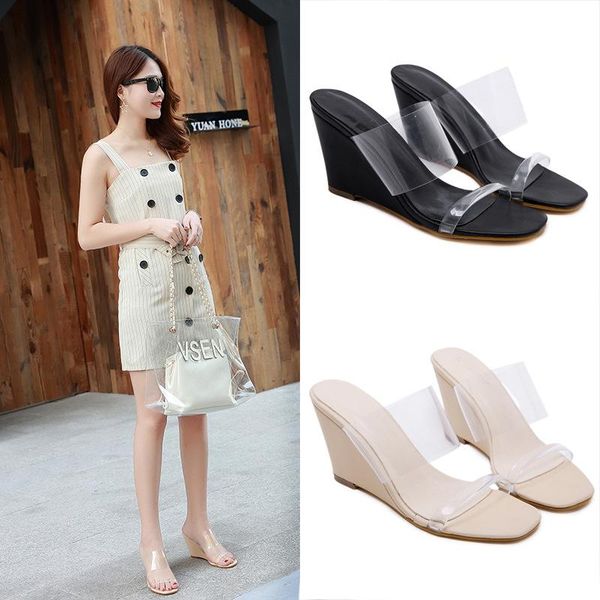 

slippers ladies transparent summer shoes narrow band wedges women beige/black leather platform flipflops clear slides woman