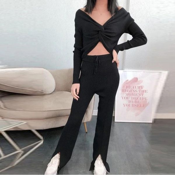 

women's two piece pants 2021 autumn and winter two-piece long-sleeved trouser suit outdoor home v-neck kink ladies fashion, White