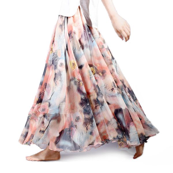

long women fashion florals print skirt female boho style elastic high waist chiffon casual beach skirts saias 19 color summer, Black