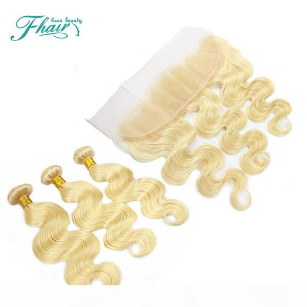 

9a brazilian hair weave body wave #613 blonde hair with lace frontal extensions gold human hair weave 3 bundles with lace frontal closure, Black