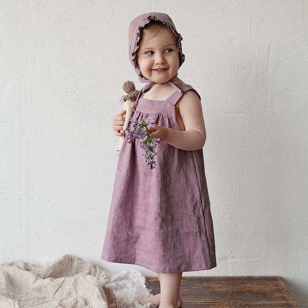 

summer suspender linen dress wide shoulder square collar dress solid color temperament new children's clothing tz32 210303, Red;yellow