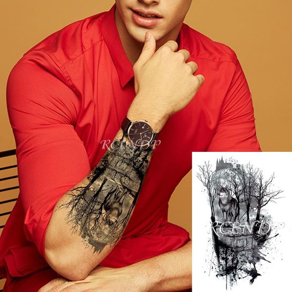 

temporary tattoos waterproof tattoo sticker wolf crow bird forest tree black fake tatto flash tatoo arm leg big art for women men