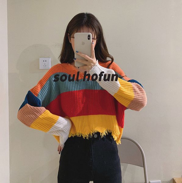 

2021 new all-match thin raiow stripe color matching fringe ee short knitted sweater lkks, White;black