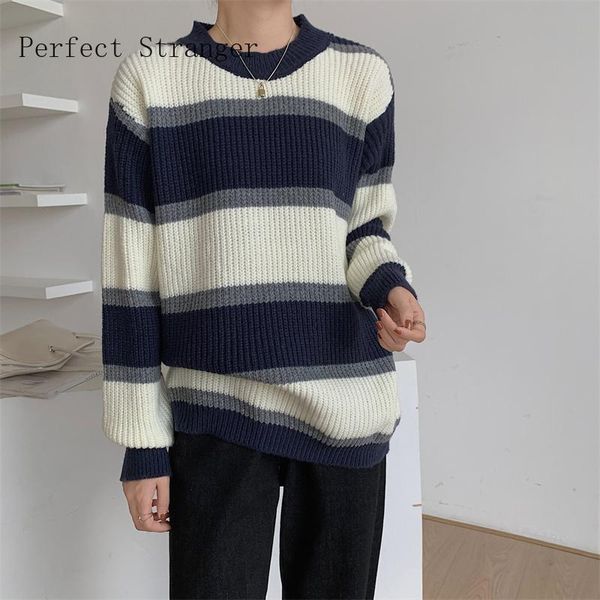 

women's sweaters 2021 korean version of the lazy wind loose pullover long sleeve knit shirt versatile striped sweater, White;black