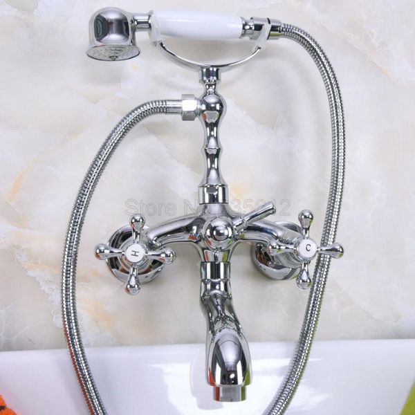 

bathroom shower sets dual cross handle bathtub faucet w/ ceramic handheld heads mixer taps polished chrome brass finish tna199