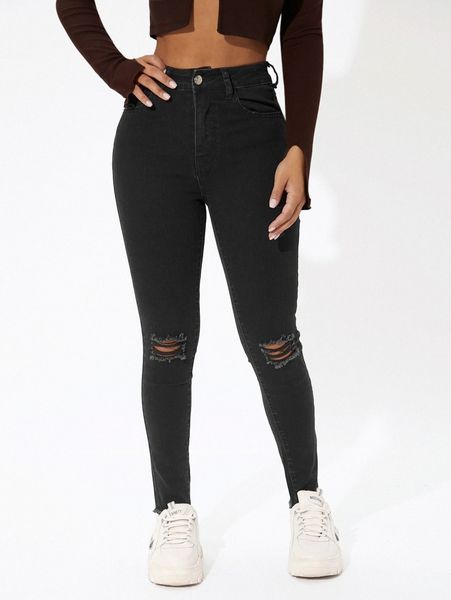 

petite high waisted ripped raw hem skinny jeans d0wi#, Blue