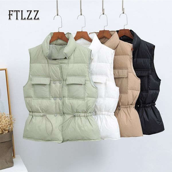 

2021 new women warm white duck down jacket autumn winter sleeveless vest female double breasted slim short coats er waistcoat loaf, Black
