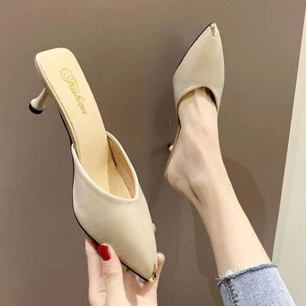 

lazy half slippers new women's sandals fashion women's shoes all-match pointed toe stiletto heels high heel sandals with skirts, Black