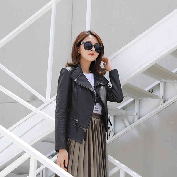 

leather jacket high fashion men belt coat wind autumn and winter short fashion inclined zipper, Black