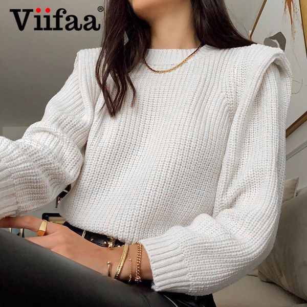 

viifaa shoulder pad white knitted sweater for women fashion autumn winter pullover o-neck long sleeve slim sweaters, White;black