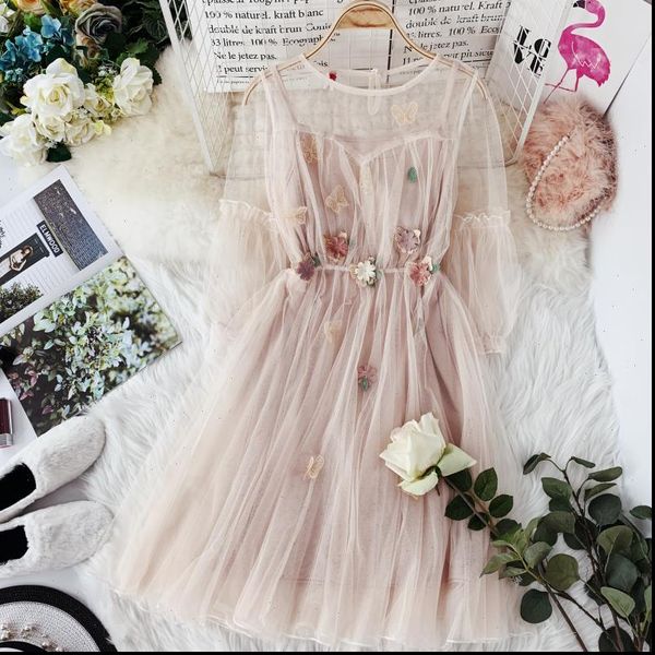 

autumn new women o neck lantern sleeve gauze fairy puff dress female flower appliques elegant mesh princess dresses, Black;gray