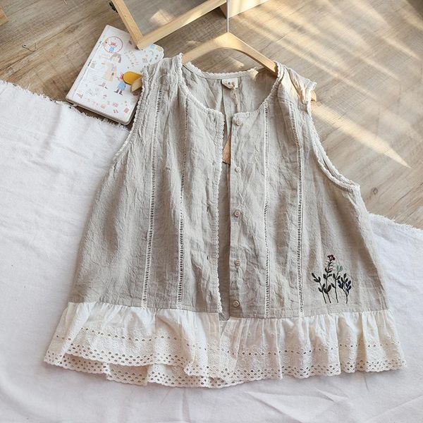 

women's vests summer style mori hollow embroidered flowers and lace loose linen vest, Black;white