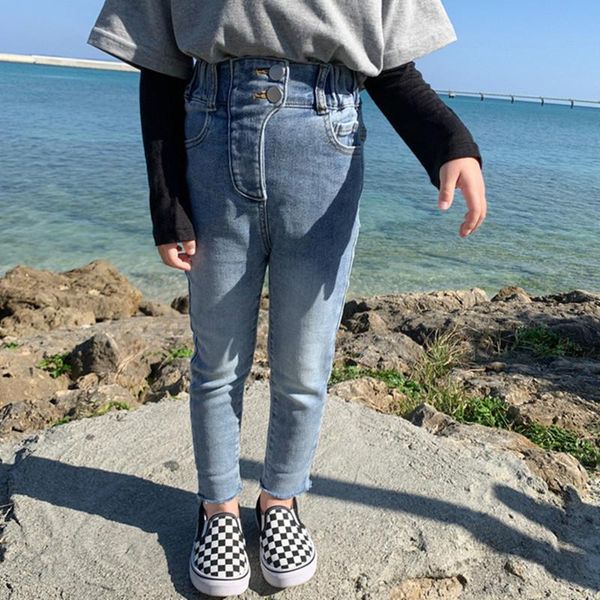 

2021 spring new arrival girls jeans pants high waist casual solid skinny denim trousers kids clothes cotton pencil pants 2-7t, Blue
