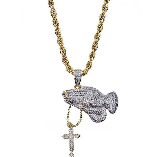 

pendant necklaces tillfo mens/women praying hands and cross faith gold silver color plated iced hip hop bling necklace