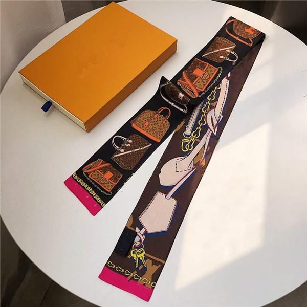

silk scarf for women 2023 new print handle bag ribbons brand fashion head scarf small long skinny scarves wholesale 8x120cm, Blue;gray