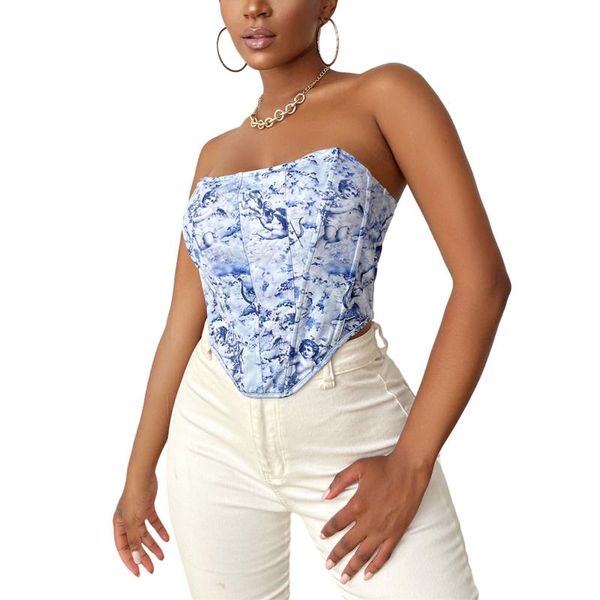 

women's tanks & camis 2021 bustier vintage little angel print strapless sleeveless boned corset, White