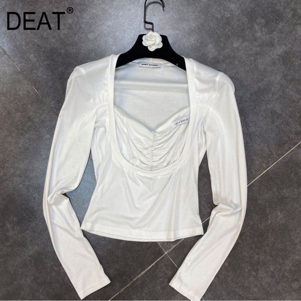 

square collar full sleeves letter slim arrivals solid color long sleeve square stiching bottom t-shirt mz673 210525, White