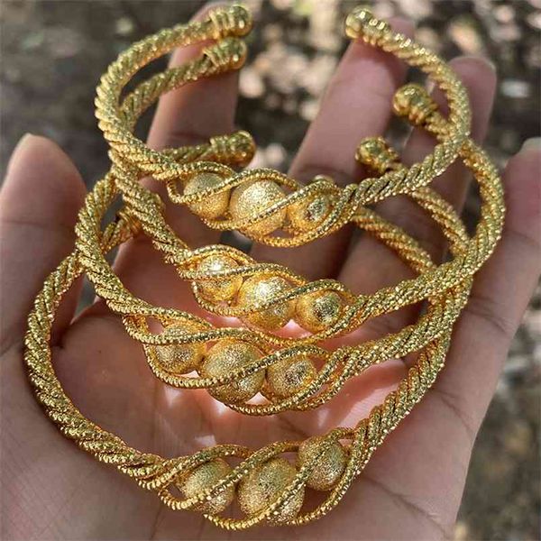 

4pcs ethnic bead gold color dubai bangles for women 24k ball copper saudi arabic bracelet girls africa wedding jewelry 210918, Black
