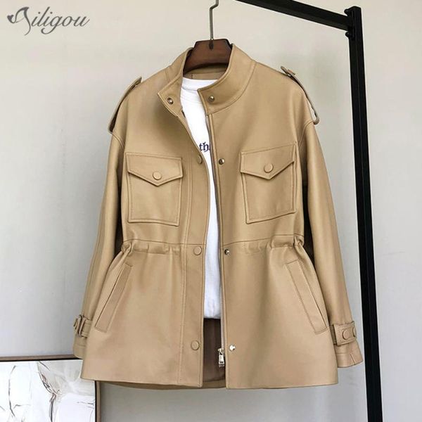 

women's leather & faux ailegou 2021 khaki pu windbreaker coat stand collar elastic waistline fashion autumn, Black