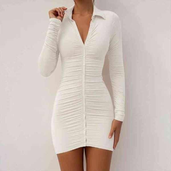 

bodycon mini autumn women dresses long sleeve solid color button down ruched shirt white red orange, Black;gray