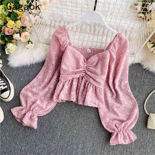 

blouse women spring autumn chiffon plaid v-neck puff sleeve sweet short shirts korean chic fashion wild blouses 210531, White