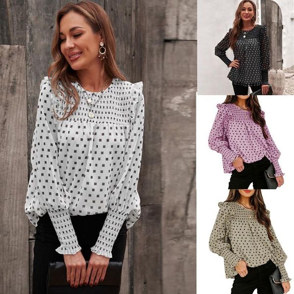 

women's blouses & shirts ruffle chiffon blouse women round neck lantern sleeve dot ladeis elegant sweet shirt&blouse, White