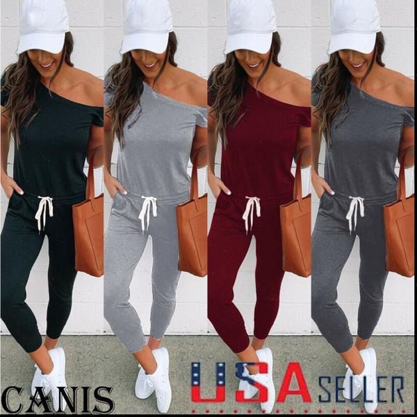 

womens casual lace up loose solid off shoulder playsuit bodycon short sleeve jumpsuit romper trousers, Black;white