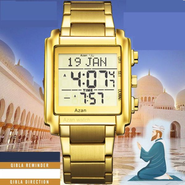 

explosive muslim qibla watch multifunctional prayer religious day reminder calendar satch 30mwaterproof led luminous display, Slivery;brown