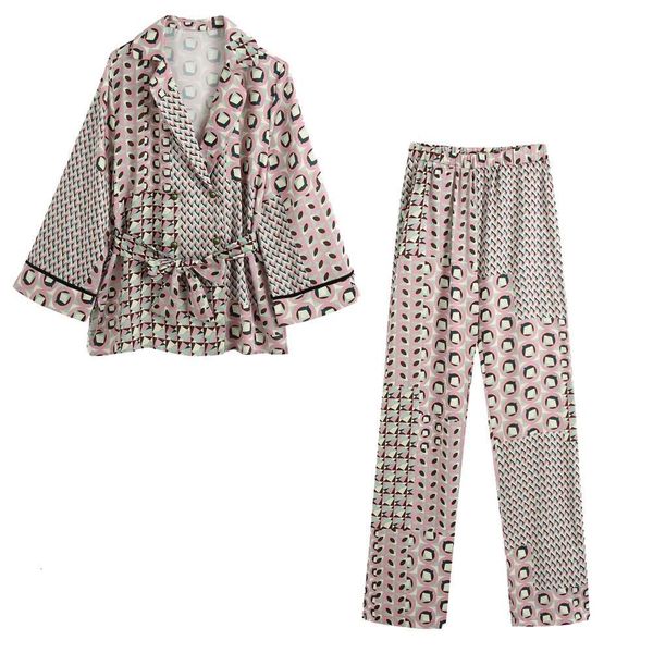 

2021 new women two piece set geometric printed loose-fitting belt blouse & wide-leg pants trousers high-waist elastic waist, Gray