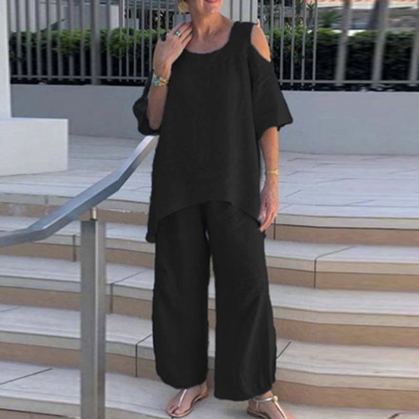 

women's two piece pants pure cotton linen women sets spring off shoulder t shirt pullover and wide leg suit autumn loose simple outfits, White
