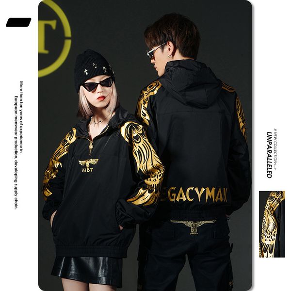 

hooded sweater men's autumn gilded wing print pullover long sve brand loose coat men, Black