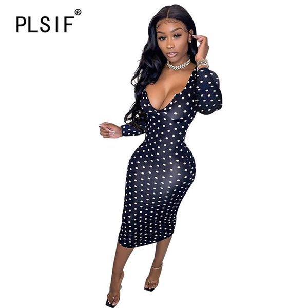 

casual dresses deep v neck dot special design long sleeve skinny dress tight club party lady fashion sheath vestidos, Black;gray