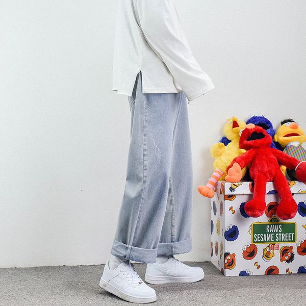 

2021 wide-leg men's fashion retro casual light blue jeans men streetwear wild hip-hop straight denim pants mens a4pq