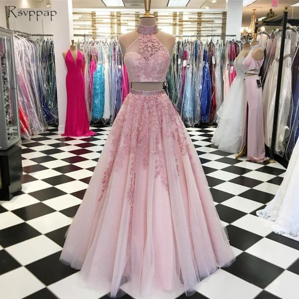 

party dresses long prom dress 2021 elegant high neck sheer a-line lace floor length pink african two piece, White;black