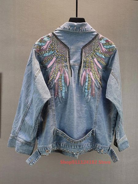 

women's jackets denim jacket trendy spring and autumn 2021 european station loose thin embroidery tassel long-sleeved top, Black;brown