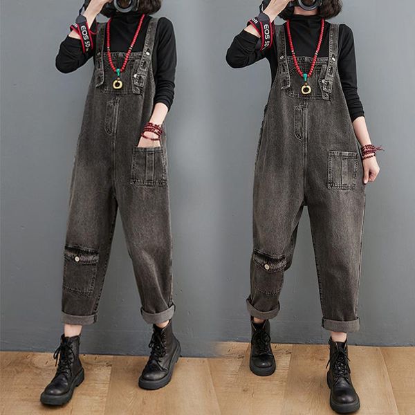 

women's pants & capris denim suspender fat mm large flip pocket harlan cover the crotch and hide meat nine point, Black;white