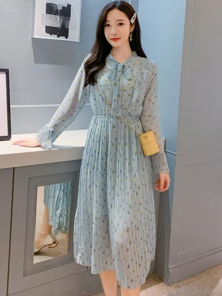 

sweet spring autumn long-sleeved chiffon dress women casual bow flower ruffled pleated dress ladies fashion female long, Black;gray