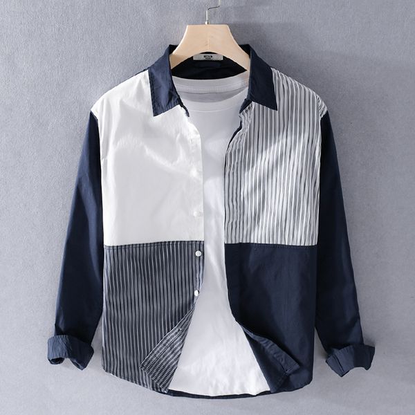 

2021 new arrival long sleeve pure cotton brand fashion comfortable shirts for men casual patchwork shirt mens camisa j2n6, White;black