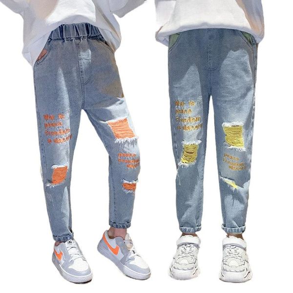 

2021 spring summer new girls jeans pants embroidered ripped pants kids clothing children casual trousers jeans for girls clothes, Blue