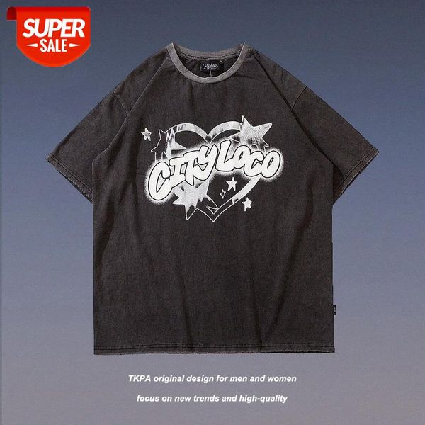 

american retro street short-sleeved t-shirt male high loose wash and old graffiti couple compassionate shirt #ij19, White;black