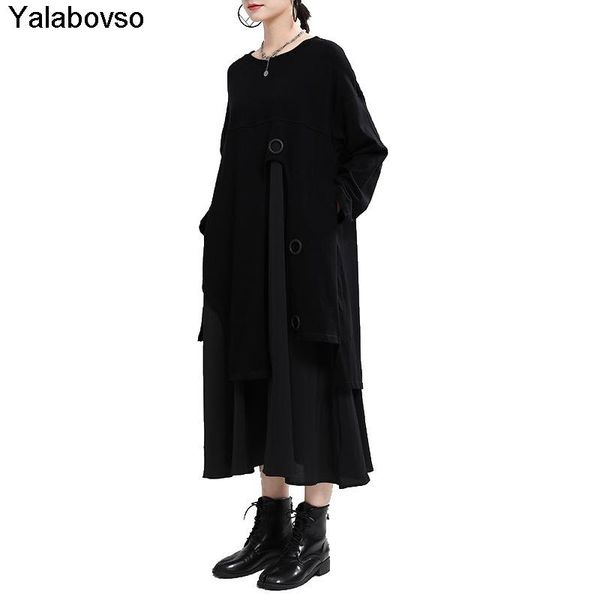 

2021 spring new design long sleeve dresses for women fake two piece dress female black color patchwork loose styles korea, Black;gray