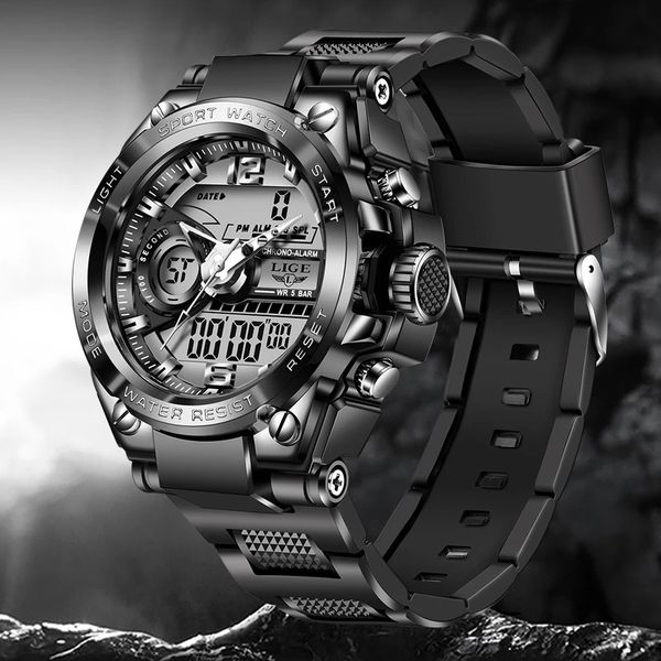 

lige men military watch brand 50m waterproof wristwatch led alarm clock sport watch male relogios masculino sport watch meng, Slivery;brown