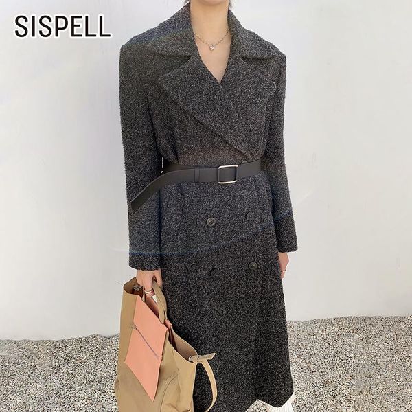 

women's trench coats sispell pure color woolen coat for female lapel collar long sleeve high waist with belt casual 2021 fashion tide, Tan;black