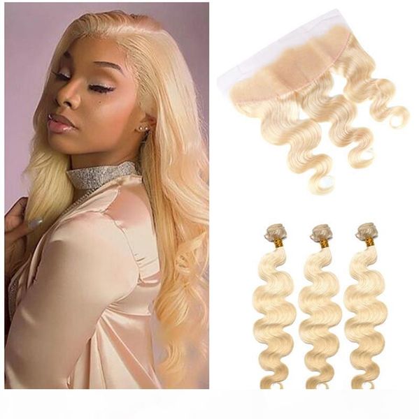 

body wave blonde human hair with lace frontal closure #613 light blonde lace frontal with body wave hair bundles 4pcs lot ing, Black;brown