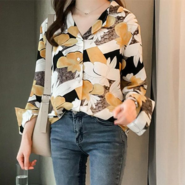 

women's blouses & shirts fashion blouse women chic lapel printing long sleeve loose womens and blusas mujer de moda 2021, White