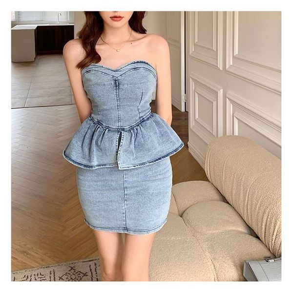 

casual dresses wkfyy women summer elegant denim pleated ruffled skinny strapless sleeveless chest wrapping sheath short dress d4037, Black;gray