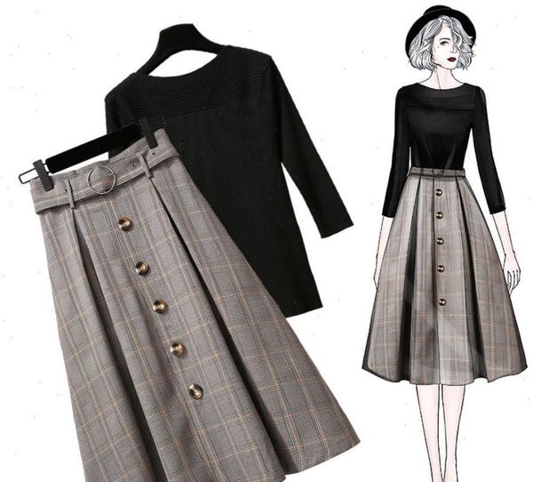 

2021 winter elegant ladies skirt set knitted and plaid skirt two piece outfit korean style women 2 piece set clothes, Gray