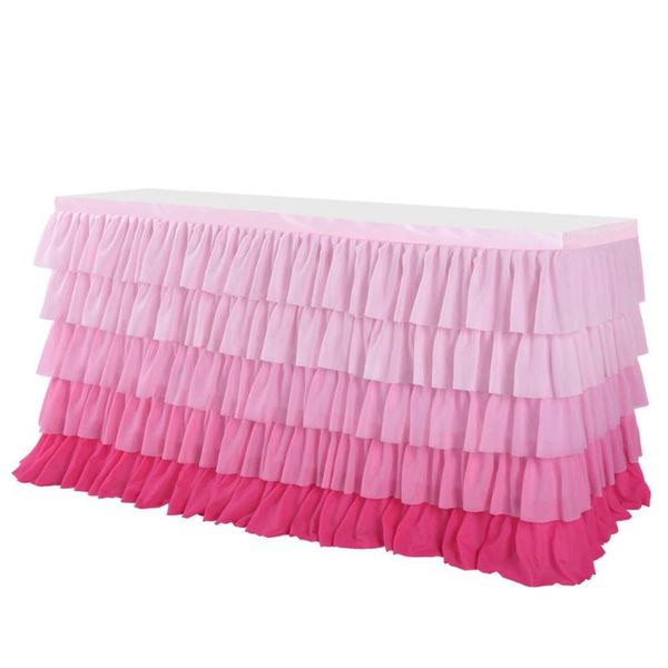

5 layers gradient pink chiffon wave table skirt for wedding party supplies