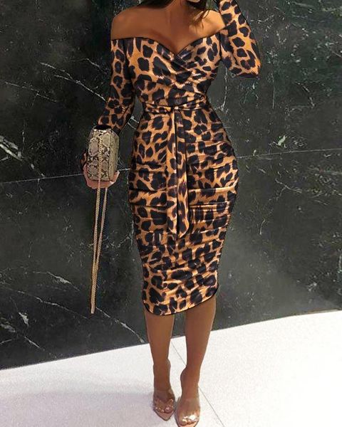 

casual dresses ribbed off shoulder wrap long sleeve leopard print slit dress skinny daily 2021 women, Black;gray